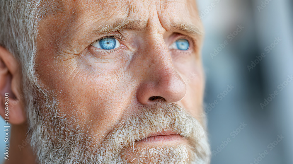 Senior man with blue eyes and white beard looking contemplative Senior man with blue eyes and white beard looking contemplative