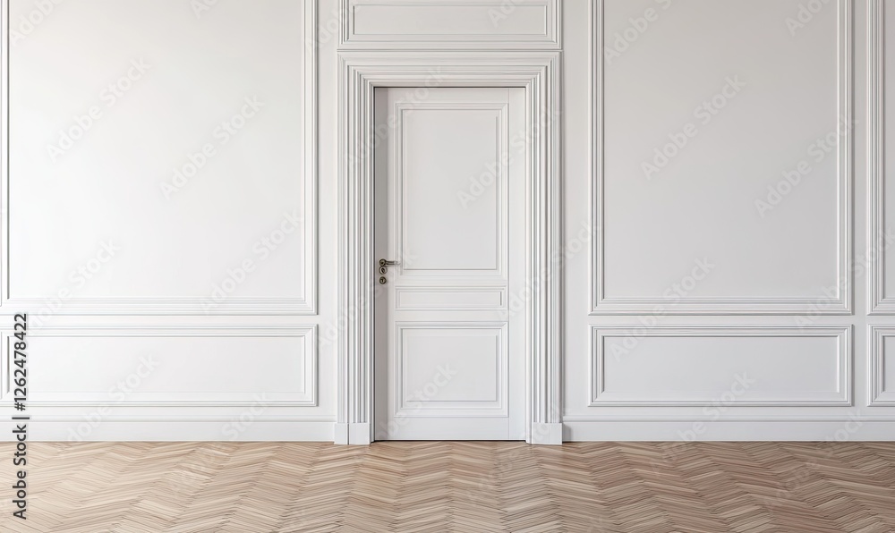 White room interior with door and herringbone flooring White room interior with door and herringbone flooring