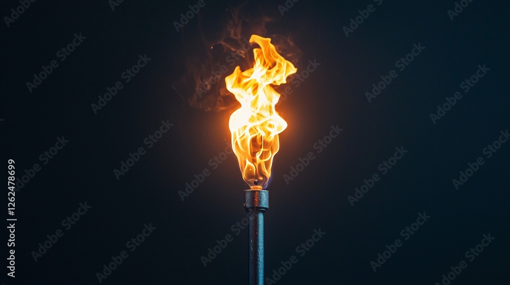 Bright Flame Emanating from a Metal Torch Against Dark Background Bright Flame Emanating from a Metal Torch Against Dark Background