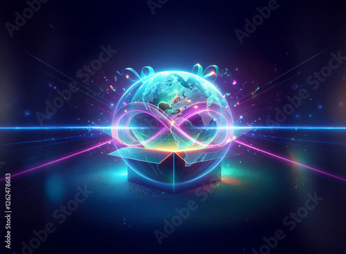 Wallpaper Mural A luminous globe with continents encased in a box emits vibrant neon light and infinity symbols against a dark backdrop with streaks. Torontodigital.ca