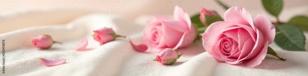 Delicate pink rose buds strewn across a soft ivory fabric , fabric texture, rose buds Delicate pink rose buds strewn across a soft ivory fabric , fabric texture, rose buds