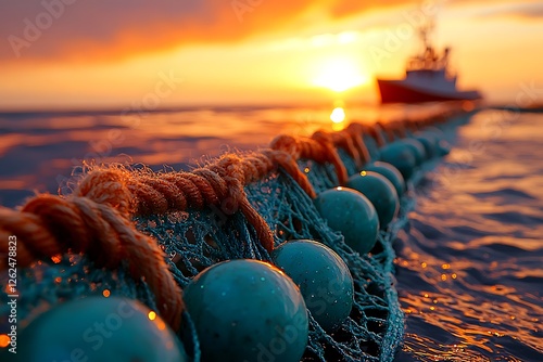 Fishing Net at Sunrise with Teal Buoys and Blurred Boat photo