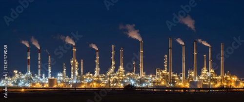 Oil refinery plant at night, panoramic long exposure photo of industrial factory