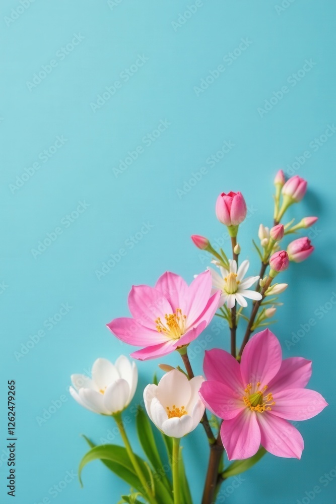 Obraz premium Delicate pink & white blooms, vibrant blue backdrop Springtime floral arrangement , bloom, joyful, cheerful