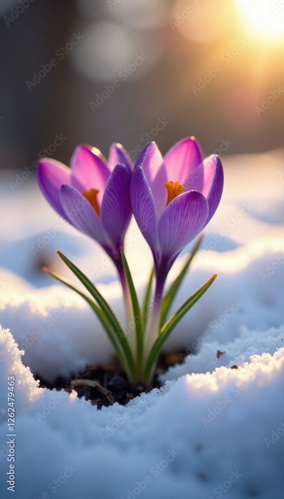 Fototapeta premium Delicate purple crocus emerging from melting snow, bathed in soft morning light , image, spring