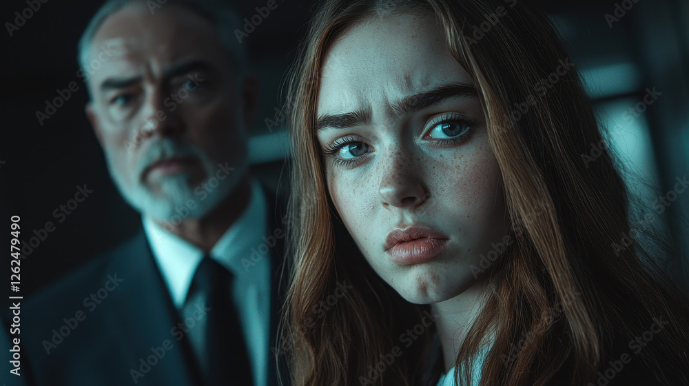 Young woman faces stern lecture from older boss in intense corporate conflict within glass-walled office Young woman faces stern lecture from older boss in intense corporate conflict within glass-walled office
