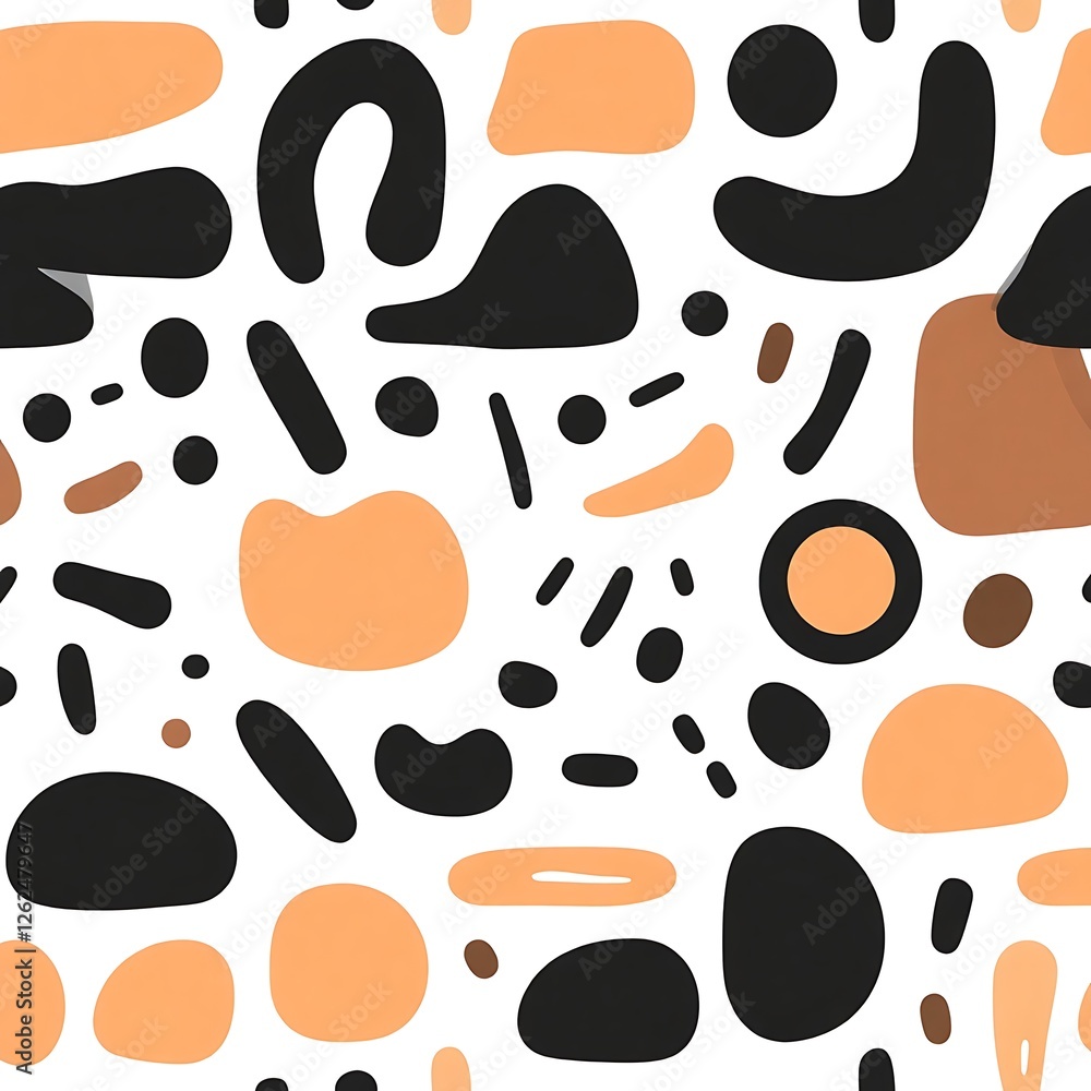 Abstract Shapes and Patterns: An artistic arrangement of abstract shapes in black and earth tone colors creating a seamless pattern, perfect for textiles, backgrounds, and design. Abstract Shapes and Patterns: An artistic arrangement of abstract shapes in black and earth tone colors creating a seamless pattern, perfect for textiles, backgrounds, and design.