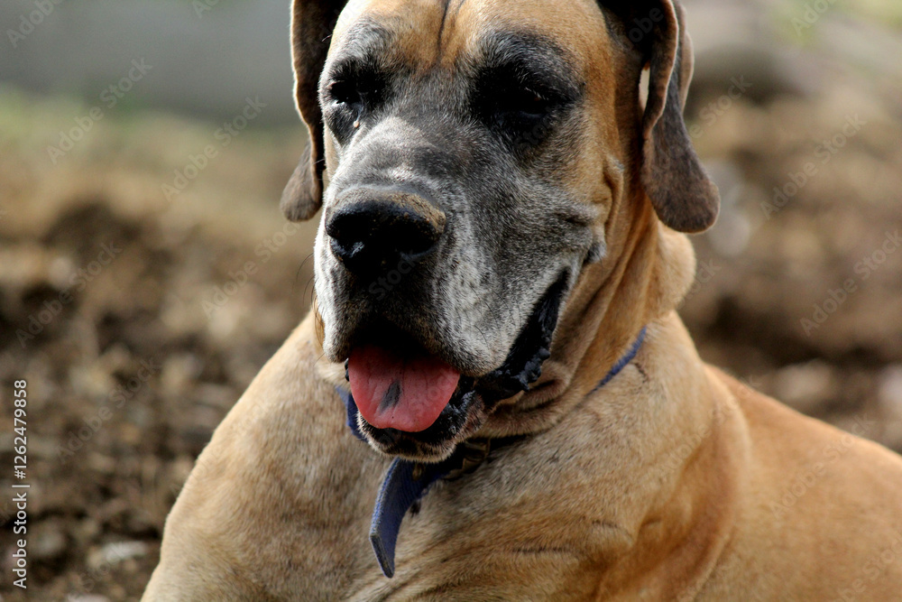 close up of great dane dog sitting in farm house close up of great dane dog sitting in farm house