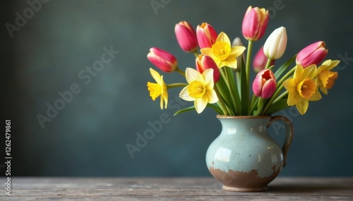 Wallpaper Mural Delicate tulips, daffodils, and hyacinths in a weathered ceramic vase , floral arrangement, hyacinths, antique Torontodigital.ca