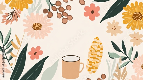 Coffee, Corn, and Flower Seamless Pattern Flat Vector