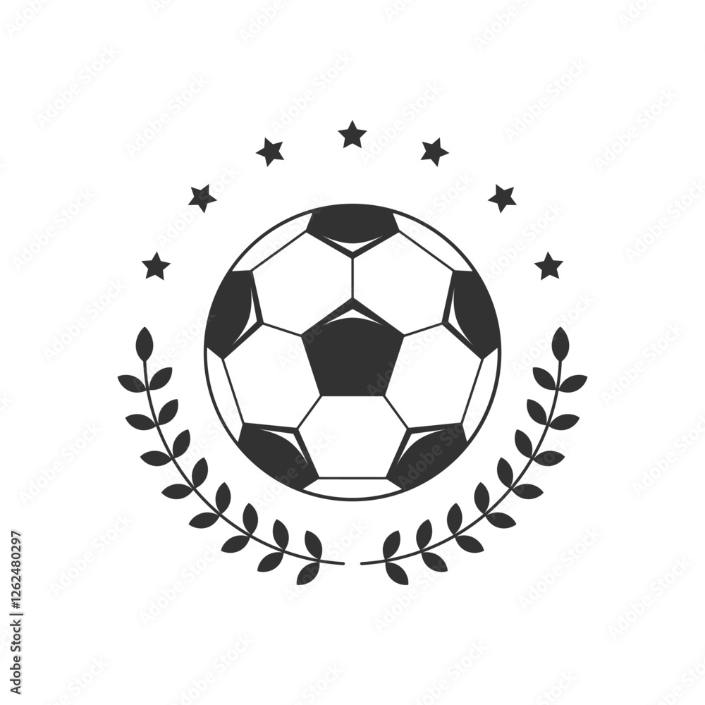 Obraz premium Football graphic logo. Soccer ball with laurel branches and stars. Sign isolated on white background. Vector illustration