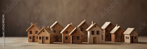 Miniature wooden houses, wide panoramic photo in natural colors, real estate investment