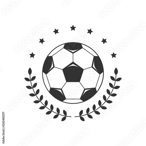 Football graphic logo. Soccer ball with laurel branches and stars. Sign isolated on white background. Vector illustration