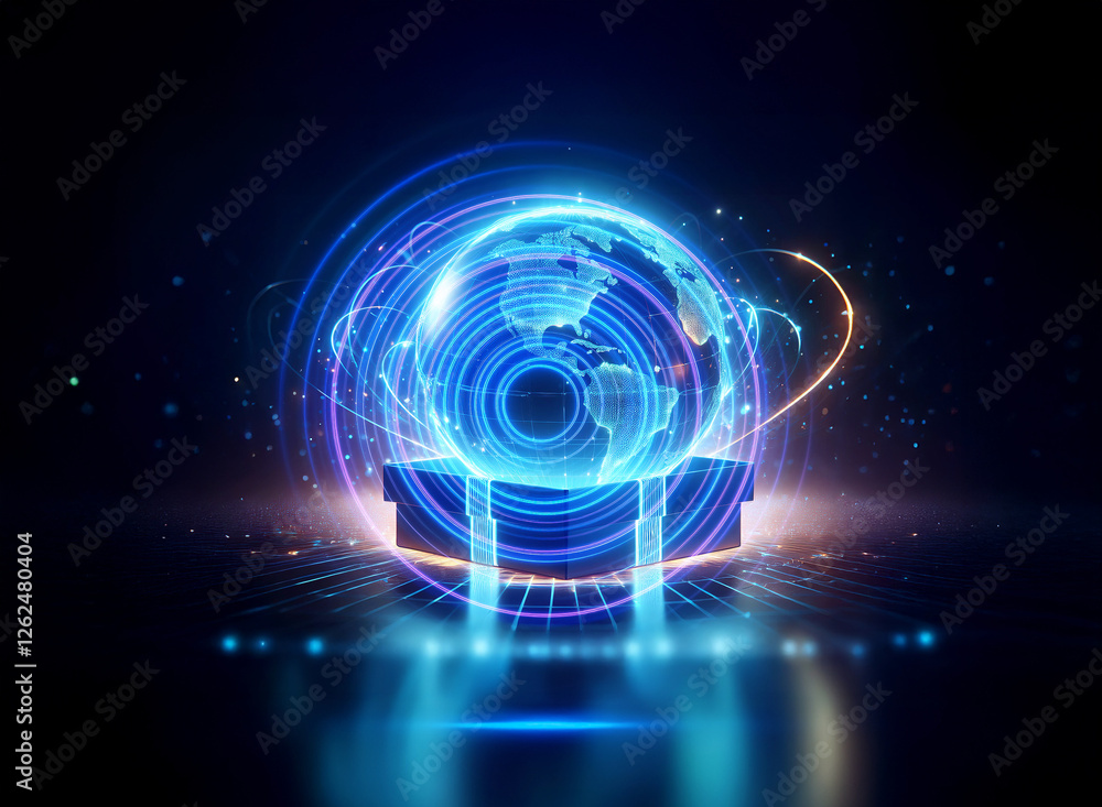 Obraz premium Glowing blue sphere with circular lines and particles rests on a platform, reflecting on a dark surface. Futuristic, technological concept with digital vibes.