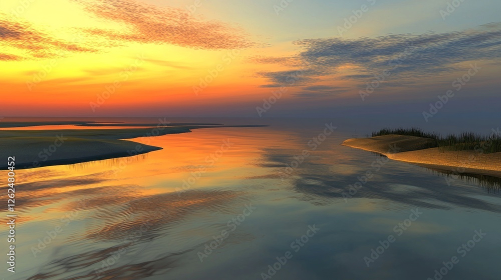 Calm Sunset River Reflections, Sandy Shore, Cloudy Sky Calm Sunset River Reflections, Sandy Shore, Cloudy Sky