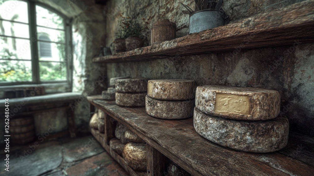 Aged cheeses on rustic wooden shelves in an old stone cellar with garden view Aged cheeses on rustic wooden shelves in an old stone cellar with garden view