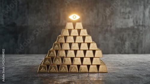 Golden Pyramid of Bars with Illuminated Eye Symbol on Top photo