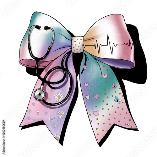 A colorful bow is adorned with a stethoscope, featuring a heart rate line at its cente photo