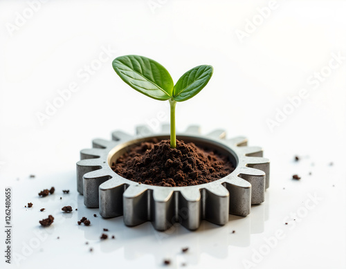 small green plant grows from soil inside metal gear, symbolizing innovation and growth