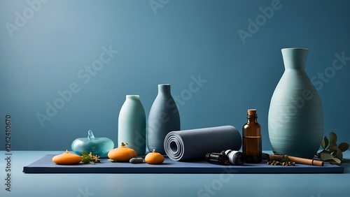 Stylish Display of Modern Decor Items With a Tranquil Blue Backdrop and Organic Elements