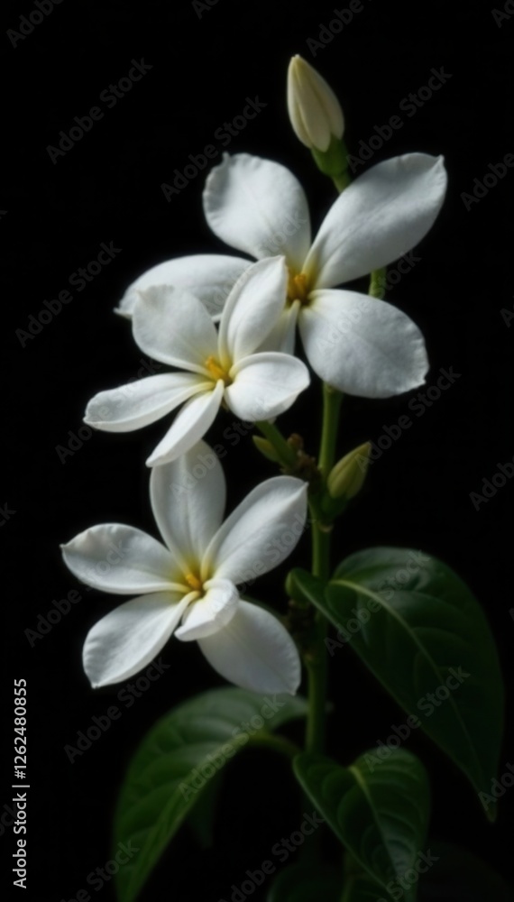 Fototapeta premium Delicate white jasmine blossoms against a stark black backdrop , illustration, aroma