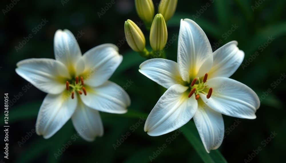 Delicate white lilies, vibrant stamens, dark backdrop , high resolution, floret, spring Delicate white lilies, vibrant stamens, dark backdrop , high resolution, floret, spring