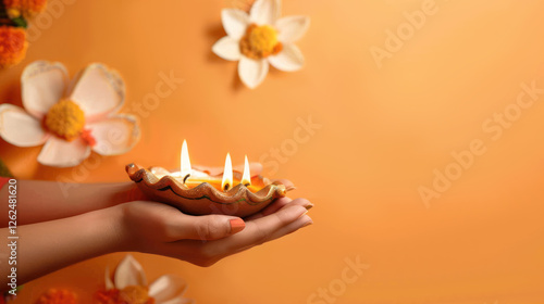 Hindu ceremony of Oil Lamps in Hand with Beautiful Flowers on Background celebrating divine connection and spiritual growth. photo