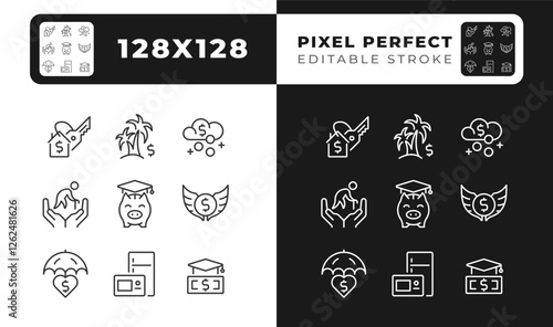 Passive income freedom pixel perfect linear icons set for dark, light mode. College fund, loan. Pension, savings. Thin line symbols for night, day theme. Isolated illustrations. Editable stroke