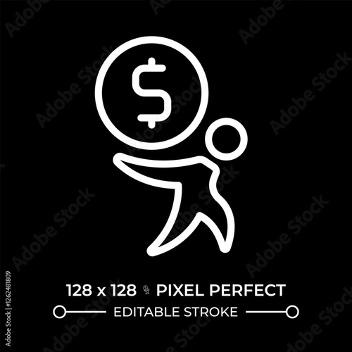 Paying debt pixel perfect white linear icon for dark theme. Pay off, credit. Loan, mortgage. Financial management, economics. Thin line illustration. Isolated symbol for night mode. Editable stroke