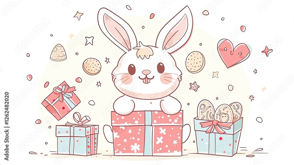 A cute bunny is with some cookies, and there's also gift box next to it A cute bunny is with some cookies, and there's also gift box next to it