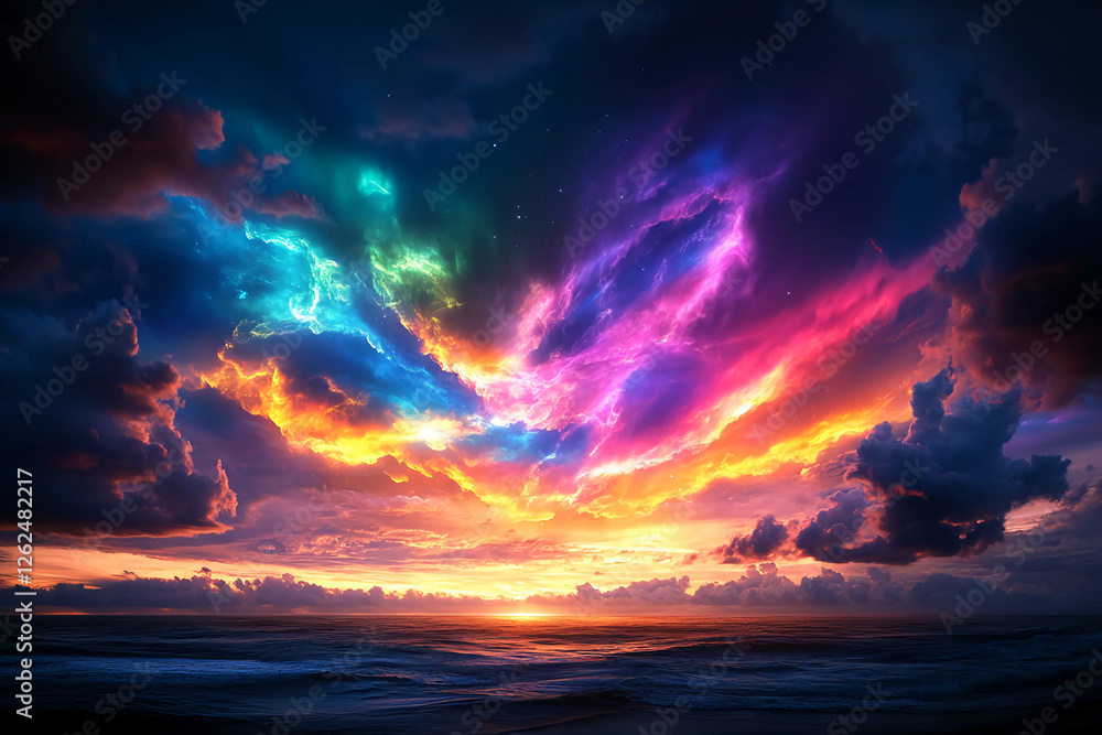 Fototapeta premium Surreal twilight sky with violet, emerald, and gold hues blending into abstract cloud patterns, creating a dynamic painting-like atmosphere at sunset