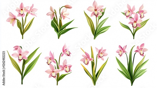 Collection of Pink Cymbidium Orchids Isolated on White Background