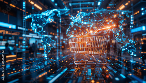 A modern digital marketplace with glowing data streams, global transactions happening in real-time, and a futuristic shopping cart concept visualizing seamless online purchases.