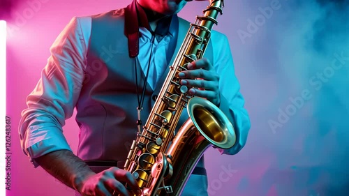 A passionate saxophonist performing on stage under vibrant pink and blue lights, showcasing their love for music and artistry with a close-up focus on the saxophone.