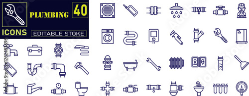 Set of outline icons related to plumbing . specializes, in installing, portable water, sewage, drainage, and plumbing systems.