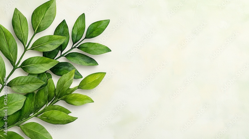 Obraz premium Green leaf on white background with vibrant watercolor painting of tropical foliage and leaves
