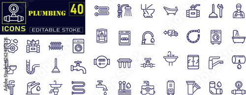 Set of outline icons related to plumbing . specializes, in installing, portable water, sewage, drainage, and plumbing systems.