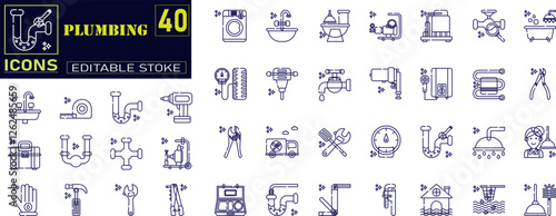 Set of outline icons related to plumbing . specializes, in installing, portable water, sewage, drainage, and plumbing systems.