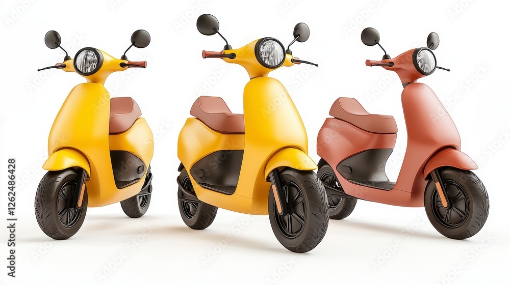 Collection of three vibrant scooters featuring yellow, pink, and brown finishes styled for modern urban commuting and personal transport Collection of three vibrant scooters featuring yellow, pink, and brown finishes styled for modern urban commuting and personal transport