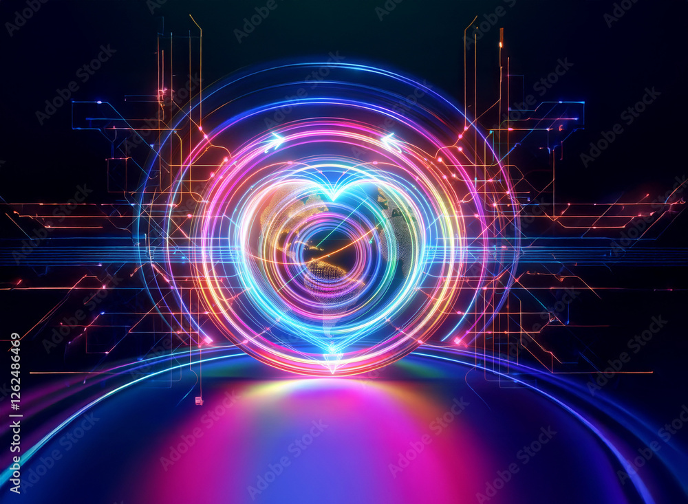 Obraz premium Vibrant glowing circular abstract art with digital circuit lines. Futuristic and modern design with bright neon colors creates a dynamic and energetic feel.