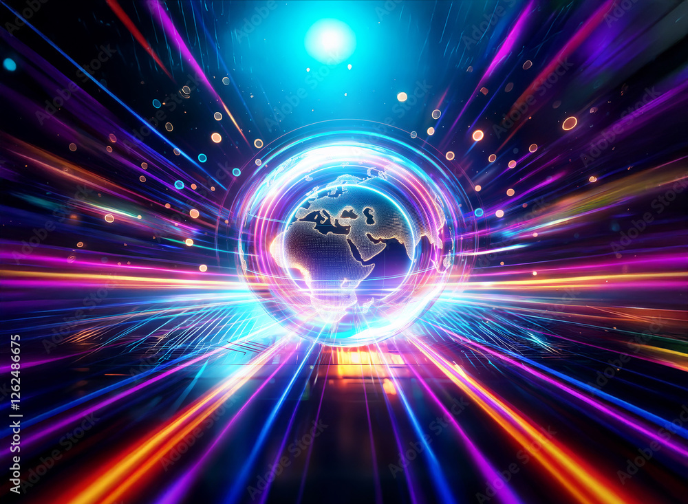 Obraz premium A dynamic and vibrant abstract image featuring a glowing central globe with radiating colorful light streaks on a dark background, suggesting motion and energy.