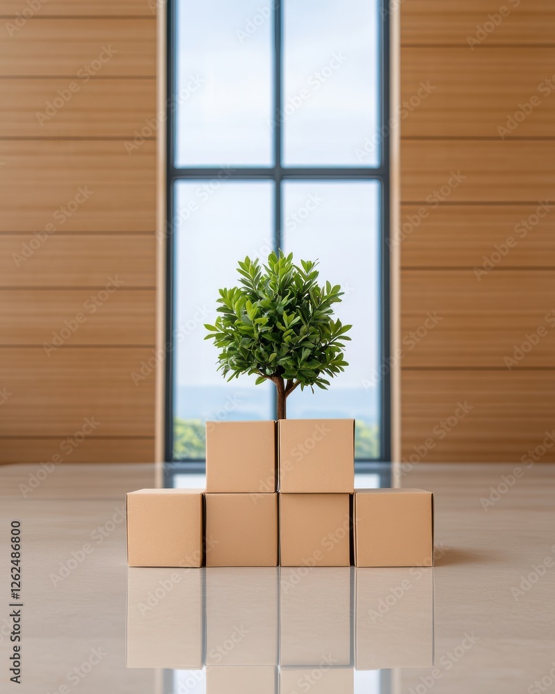 Indoor Scene with Green Plant and Brown Boxes on Modern Floor Indoor Scene with Green Plant and Brown Boxes on Modern Floor