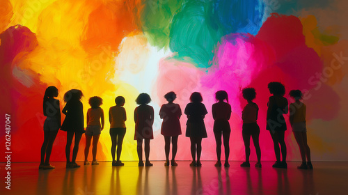 Wallpaper Mural Diverse women stand in front of a giant canvas, their forms blending into colorful brushstrokes, symbolizing their role in a living work of art Torontodigital.ca