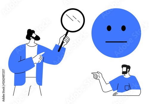 Person holding magnifying glass, examining, with neutral face and another person pointing. Ideal for discovery, scrutiny, analysis, emotion, communication investigation curiosity. Conceptual