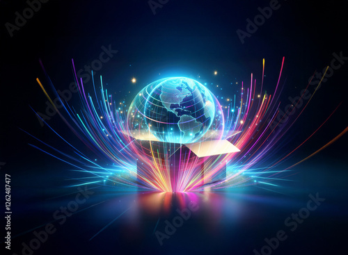 Wallpaper Mural A glowing digital globe rises from an open box, radiating vibrant streaks of light against a dark backdrop, symbolizing innovation and worldwide connectivity. Torontodigital.ca