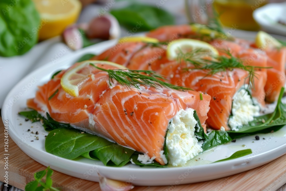 Gourmet salmon roll on slate serving board. Artificial intelligence image Gourmet salmon roll on slate serving board. Artificial intelligence image