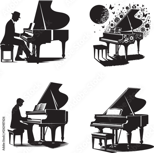 Piano black and white silhouette assets in vector farm 