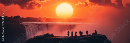 Victoria Falls Panoramic View at Sunset with Orange Sun and Tourists