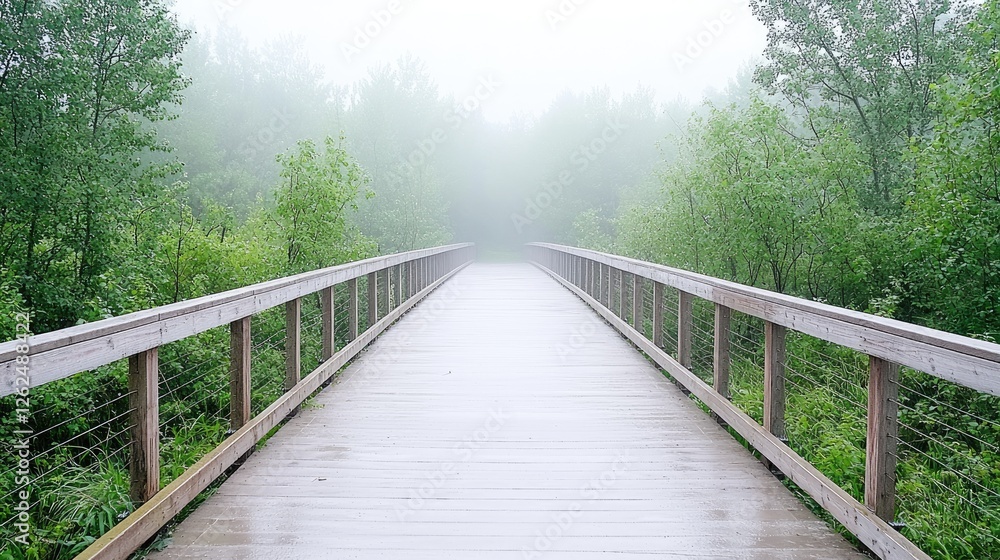 Misty boardwalk path through green forest. Peaceful nature scene for travel, tourism brochures Misty boardwalk path through green forest. Peaceful nature scene for travel, tourism brochures