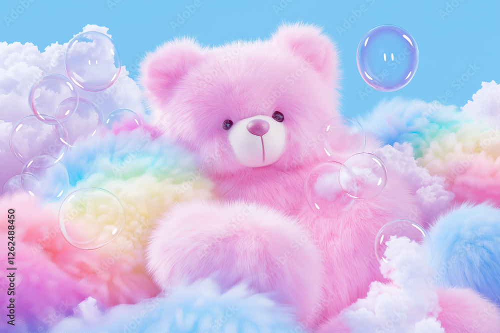 Fototapeta premium Modern teddy bear with rainbow-colored fur patches, blowing bubbles, detailed plush texture, whimsical pose, isolated on gradient sky blue background
